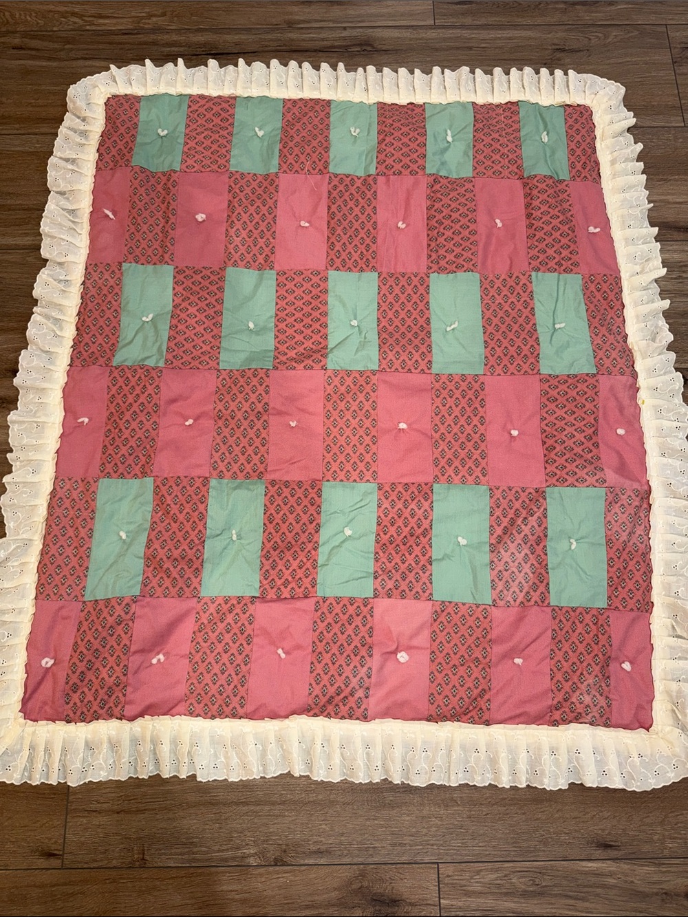 Handmade Pink and Mint Patchwork Quilted Throw with Ruffled Edge - baby or lap